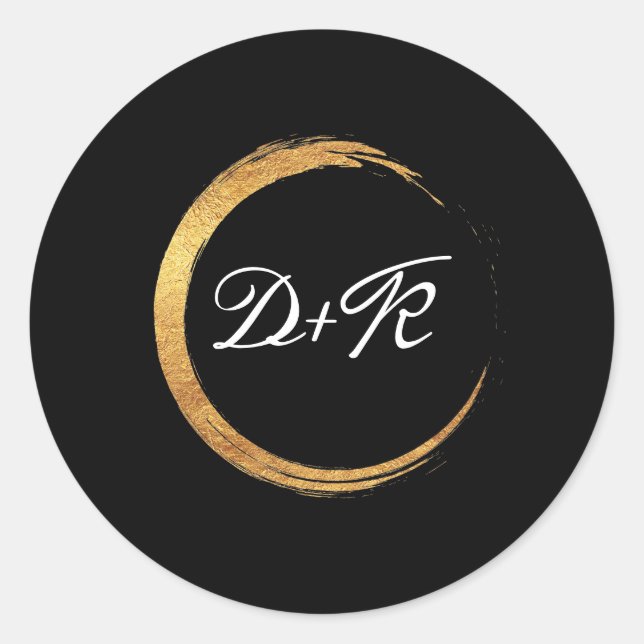 Schwarz-weiße Monogram Gold Ring Initials Minimal Runder Aufkleber (Vorderseite)