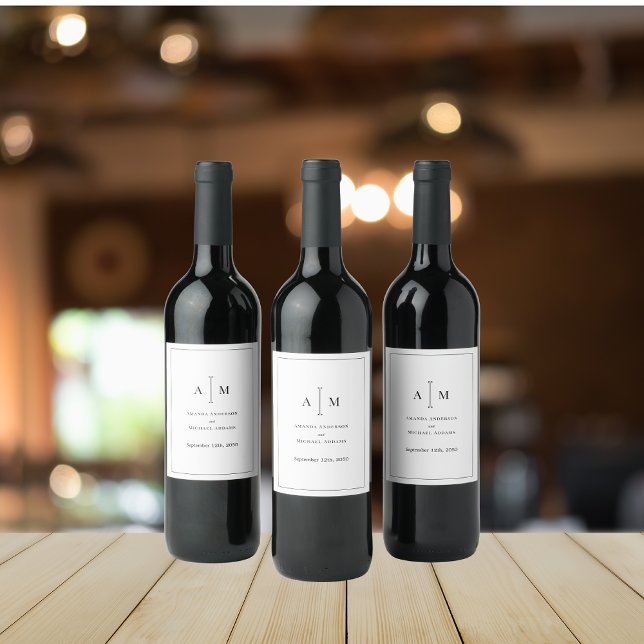 Schwarz-weiße Monogram Minimal einfache Grenzhochz Weinetikett (Von Creator hochgeladen)