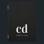 Schwarz-weiße Monogramm-Initialen elegant, modern iPad Pro Cover<br><div class="desc">Schwarzer Hintergrund und weißer Text. Personalisieren und fügen Sie Ihre Monogramm-Initialen und einen Namen hinzu. Für ihn und sie. Minimalistisch und modern!</div>