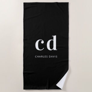 Schwarz-weiße Monogramm-Initialen minimalistisch Strandtuch