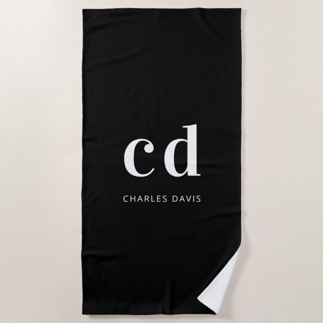 Schwarz-weiße Monogramm-Initialen minimalistisch Strandtuch (Vorderseite)