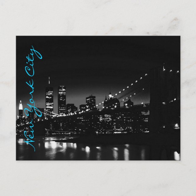 Schwarz-weiße New York Night Blue Script Postcard Postkarte (Vorderseite)