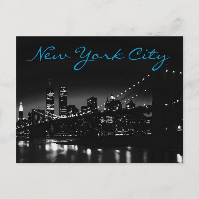 Schwarz-weiße New York Night Blue Script Postcard Postkarte (Vorderseite)