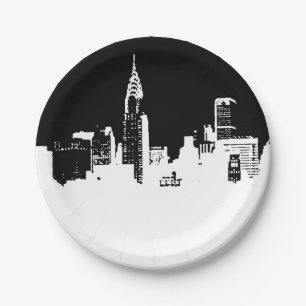 Schwarz-weiße New Yorker City Skyline Pop Art Pappteller