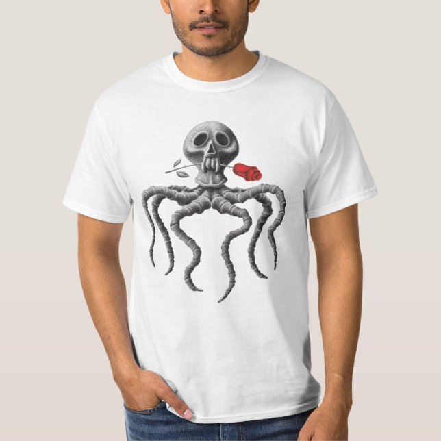 Schwarz-weiße Octopus-Rote Rose T-Shirt (Vorderseite)