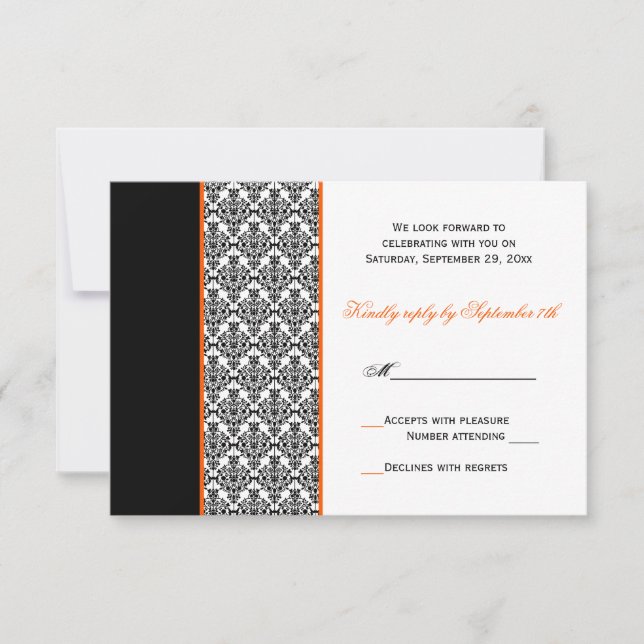 Schwarz-weiße Orange Damask RSVP-Karte RSVP Karte (Vorderseite)
