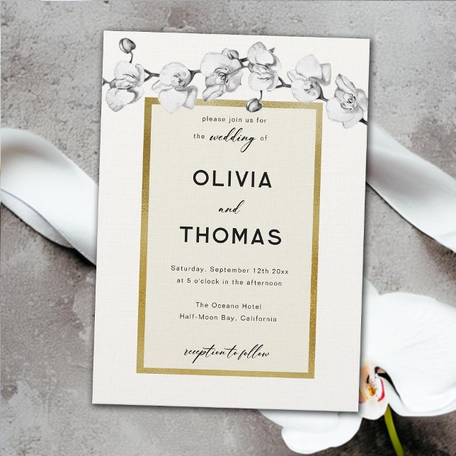 Schwarz-weiße Orchideen-Hochzeit in modernen Rahme Einladung (white orchids black white gold frame modern wedding invitation elegant boho romantic formal classy)