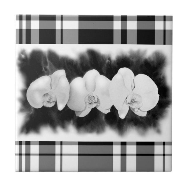 Schwarz-weiße Orchideenmalerei tropisch Fliese (Vorderseite)