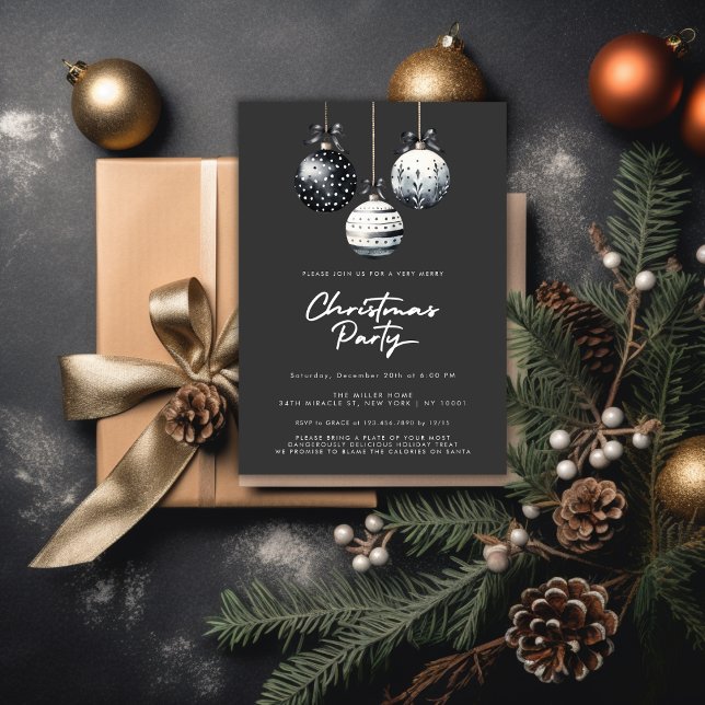 Schwarz-weiße Ornamente Minimalistisches Party Einladung (Black White Ornaments Minimalist Christmas Party Invitation)