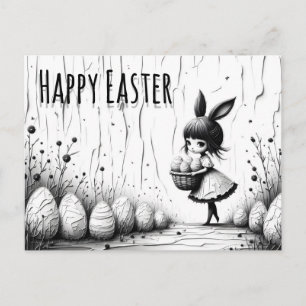 Schwarz-weiße Ostergirl mit Hasenohren Postkarte