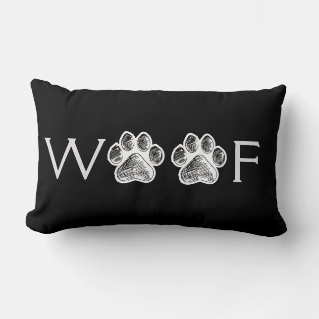 Schwarz-weiße Paw Print 'Woof' Decorative Throw Lu Lendenkissen (Vorderseite)