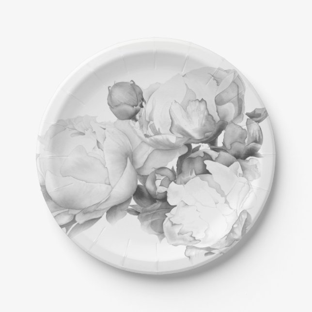 Schwarz-weiße Peelingkunst elegante Blumenkunst Pappteller (Vorderseite)