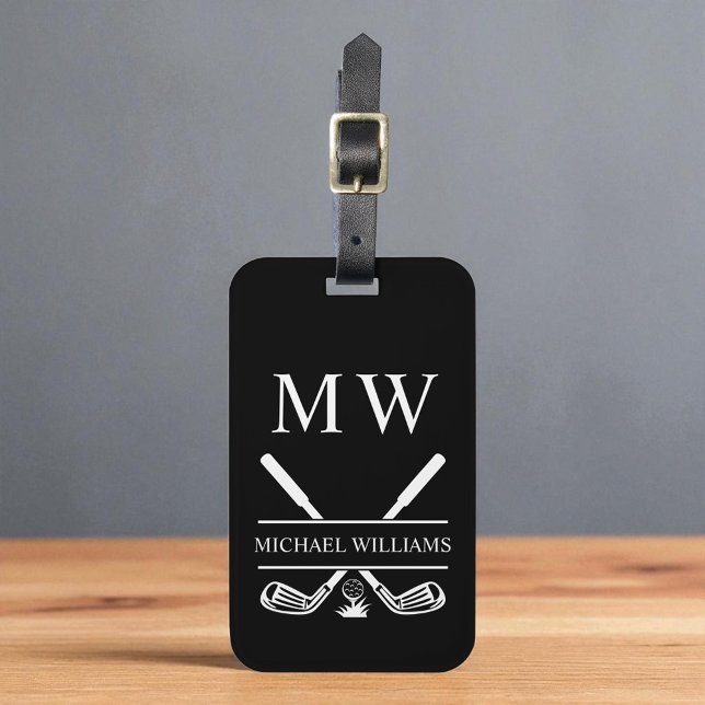 Schwarz-weiße personalisierte Monogramm-Golfschläg Gepäckanhänger (Von Creator hochgeladen)