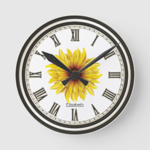 Schwarz-weiße Personalisierte Sonnenblume Runde Wanduhr