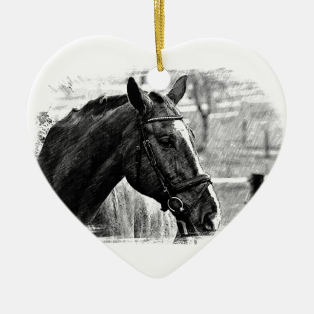Schwarz-weiße Pferdekizze Keramikornament (Vorne)