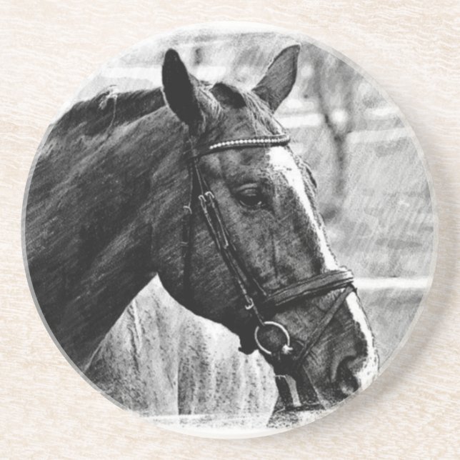 Schwarz-weiße Pferdekizze Sandstein Untersetzer (Vorne)