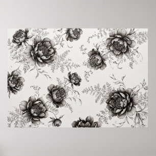 Schwarz-weiße Pfingstrosen-Farn-Blumenmuster-Plaka Poster
