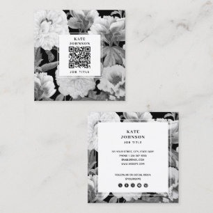 Schwarz-Weiße Pfingstrosen Wasserfarben Floral QR- Quadratische Visitenkarte