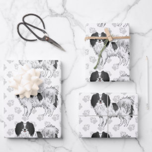 Schwarz-Weiße Phalène-Hunde mit grauem Pfotenmuste Geschenkpapier Set
