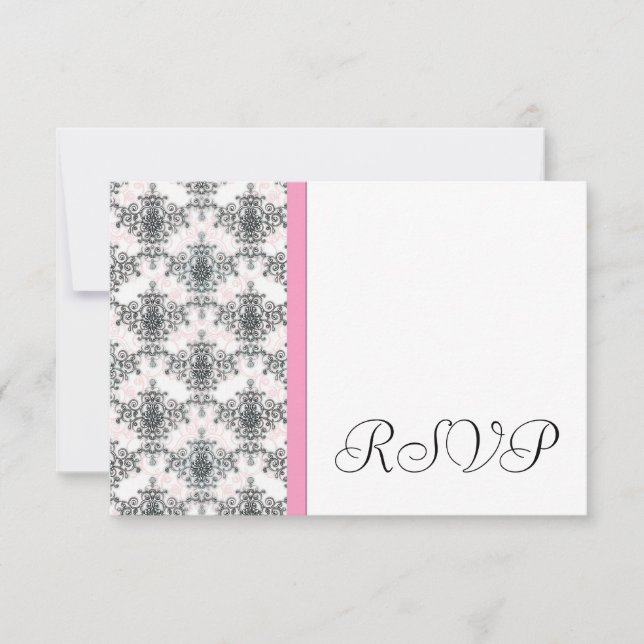 Schwarz-weiße PInk Damask Wedding UAWG Reply Cards RSVP Karte (Vorderseite)