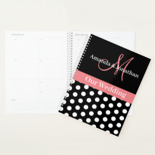 Schwarz-weiße Pink Monogram Script Polka Dot Wedd Planer