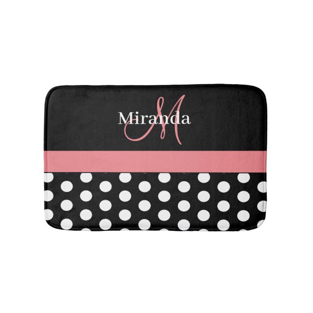 Schwarz-weiße Pink Monogram Script Polka Dots Badematte (Vorderseite)