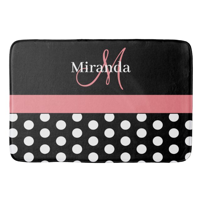 Schwarz-weiße Pink Monogram Script Polka Dots Badematte (Vorderseite)