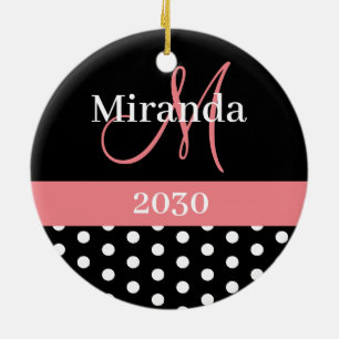 Schwarz-weiße Pink Monogram Script Polka Dots Keramik Ornament