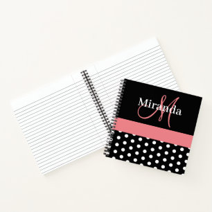 Schwarz-weiße Pink Monogram Script Polka Dots Notizbuch