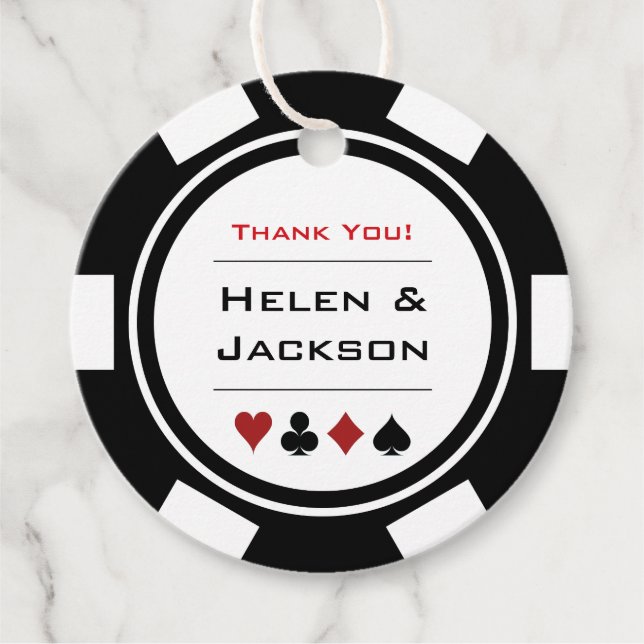 Schwarz-weiße Poker Chips Danke Vegas Wedding Geschenkanhänger (Vorderseite)