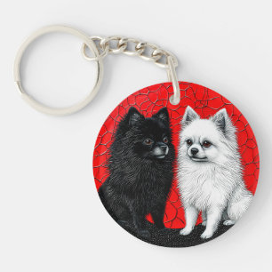 Schwarz-weiße Pomeranian-Hunde Schlüsselanhänger