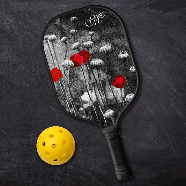 Schwarz-weiße Poppies Rote Blume Dark Floral Custo Pickleball Schläger (Von Creator hochgeladen)