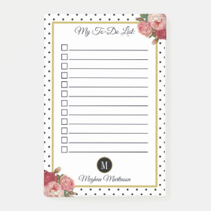 Schwarz-weiße Punkte Blumen-Monogramm-Name Aufgabe Post-it Klebezettel