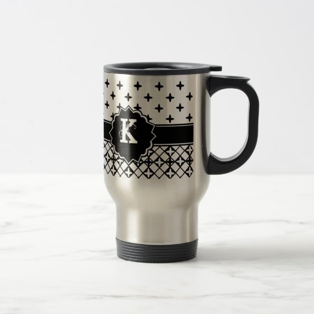 Schwarz-weiße Quatrefolie Mit Monogramm Reisebecher (Rechts)