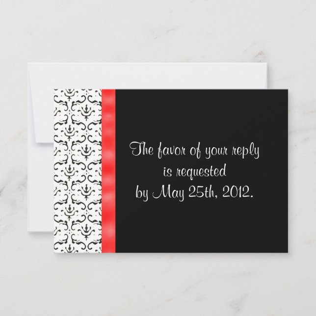Schwarz-weiße Red Damask Wedding RSVP Card (Vorderseite)