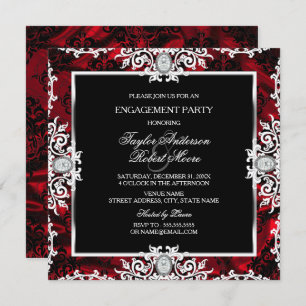 Schwarz-weiße Red Diamond Damask Engagement Party Einladung