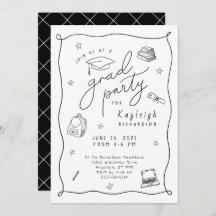 Schwarz-weiße Retro-Hand gezogene Grad-Party Einla
