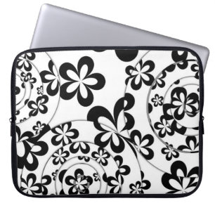 Schwarz-Weiße Ringe und Blumen Laptopschutzhülle