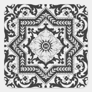 Schwarz-weiße, rissige Keramik im Azulejo-Stil Quadratischer Aufkleber