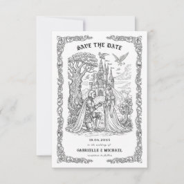 Schwarz-weiße Ritter-Braut-Burg-Gotische-Hochzeit Save The Date