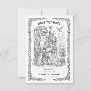 Schwarz-weiße Ritter-Braut-Burg-Gotische-Hochzeit Save The Date