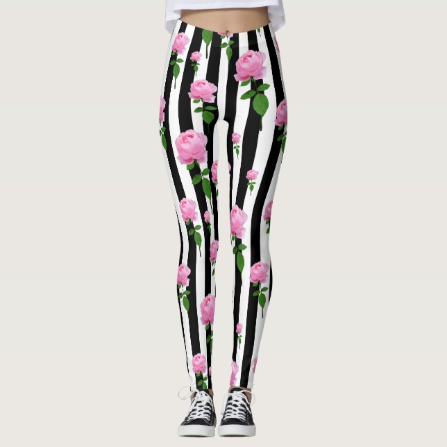 Schwarz-weiße Rosa Blume Streifen Linien Leggings (Vorderseite)