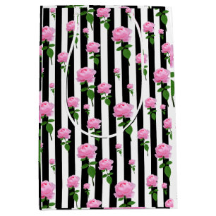 Schwarz-weiße Rosa Blume Streifen Linien Mittlere Geschenktüte