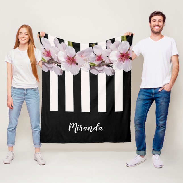 Schwarz-weiße Rosa Kirsche Blume schwarze Streifen Fleecedecke (Beispiel)