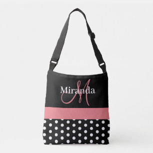 Schwarz-weiße rosa Monogram Script Polka Dots Tasc Tragetaschen Mit Langen Trägern