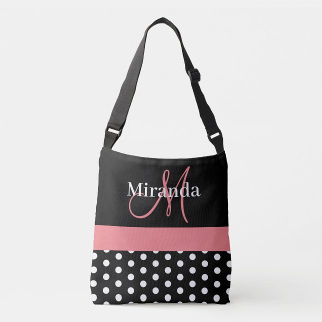 Schwarz-weiße rosa Monogram Script Polka Dots Tasc Tragetaschen Mit Langen Trägern (Vorderseite)