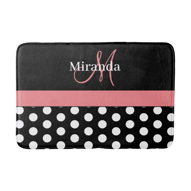 Schwarz-weiße rosa Monogramm Script Polka Dots Bat Badematte (Vorderseite)