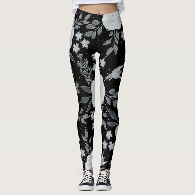 Schwarz-weiße Rose Aquarellmalerei Leggings (Vorderseite)