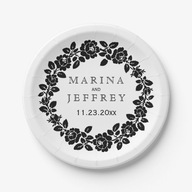 Schwarz-weiße Rose, moderne Blumenhochzeit Pappteller (Vorderseite)