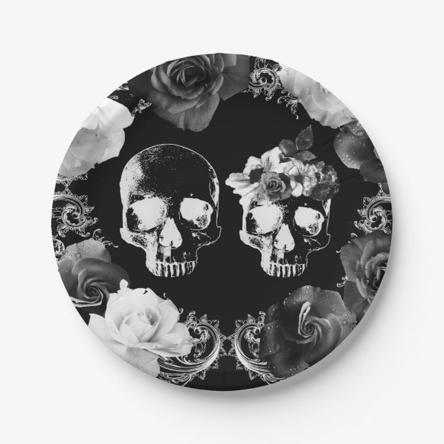 Schwarz-weiße Rose Skeleton Skull Gothic Wedding Pappteller (Vorderseite)